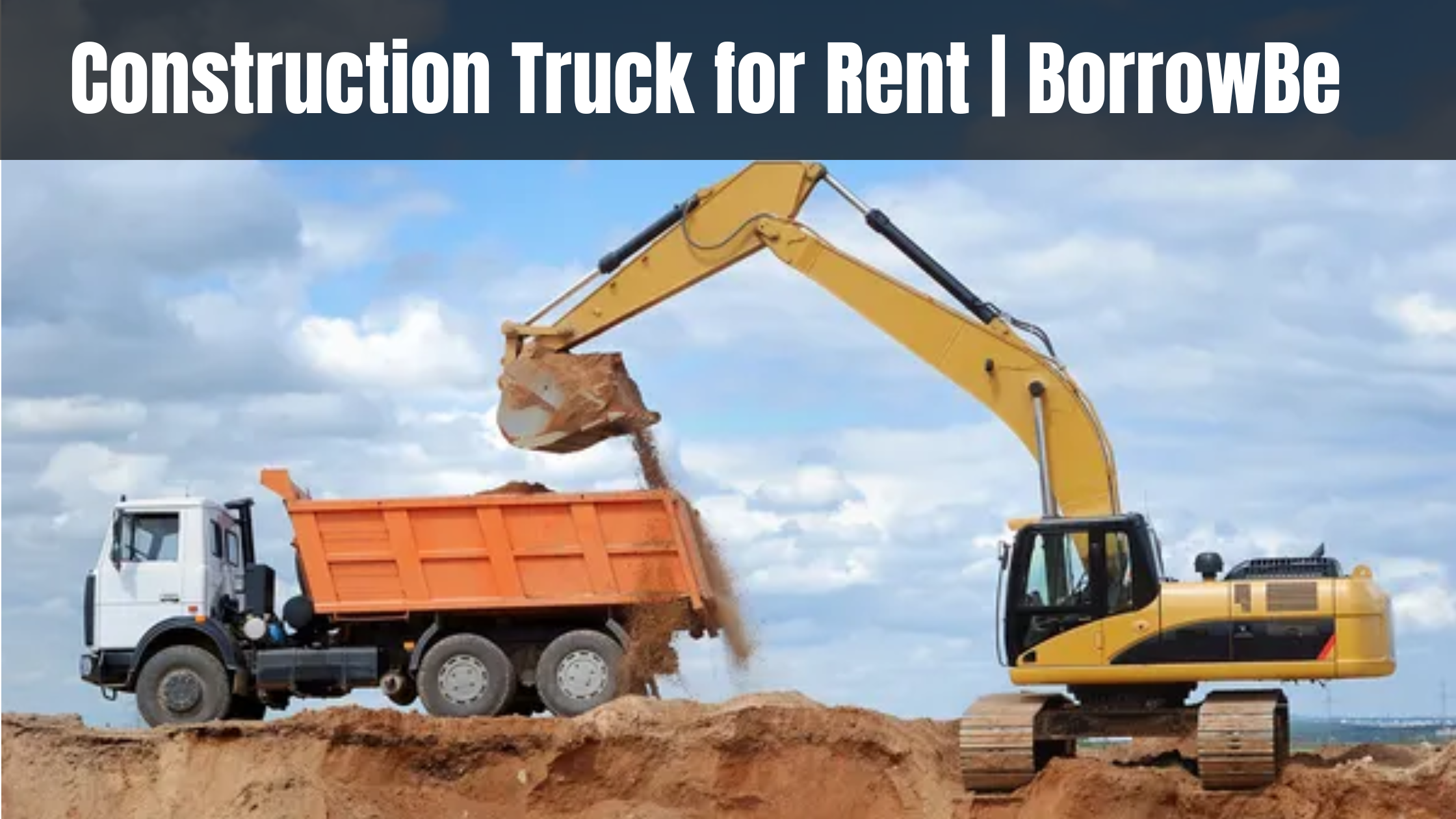 Construction truck available for rent in BorrowBe, showcasing its robust design and rental information.