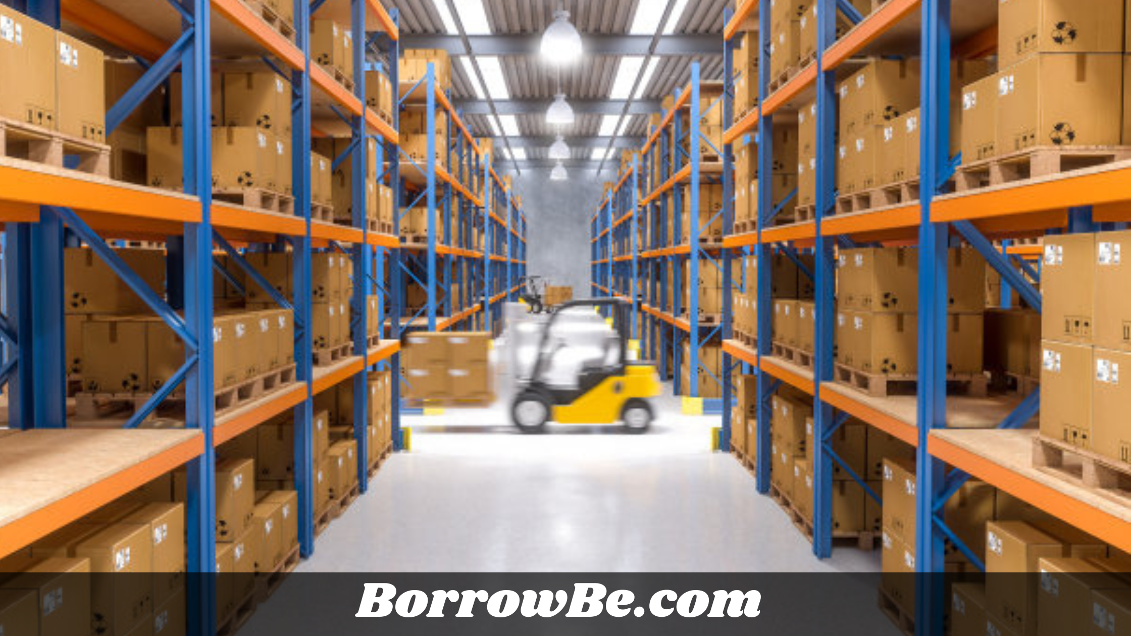 A warehouse interior filled with stacked boxes and a forklift truck ready for loading and unloading operations.